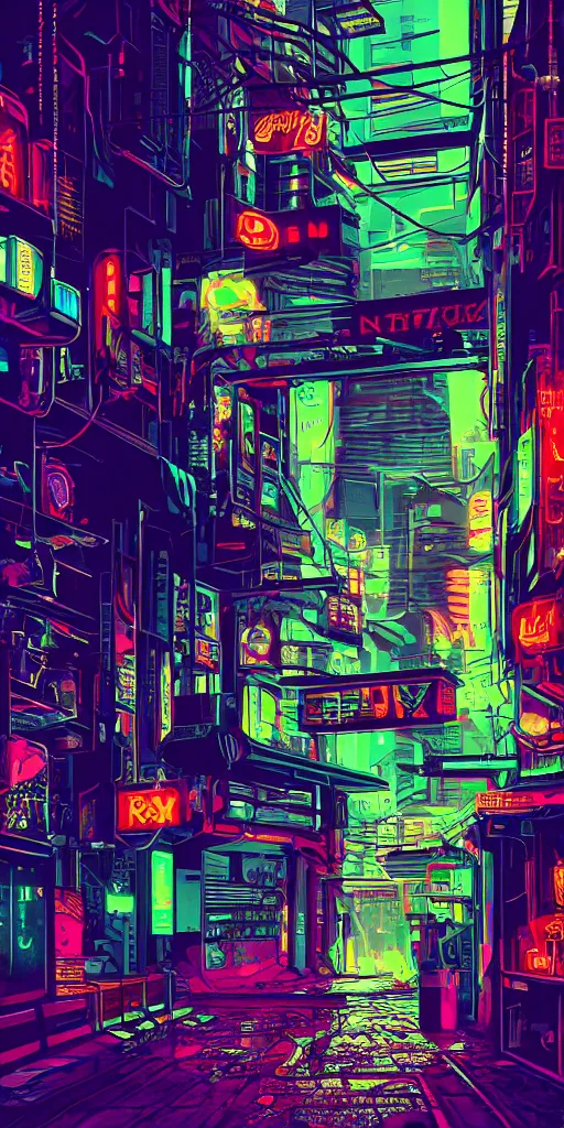 Image similar to cyberpunk alley, pop art, rtx, 8 k, ray tracing, highly detailed, neon, single person