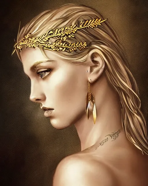 Image similar to tattoo sketch of hot blonde super model as aphrodite greek goddess wearing a gold laurel wreath and triangle earrings, beautiful piercing gaze with sharp pupils, in the style of greg rutkowski, fantasy, amazing detail, epic, elegant, smooth, sharp focus, front view