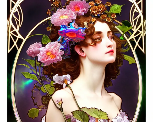 Image similar to overlord, rococo and art nouveau fusion, iridescent diaphanous refractive and reflective flower bouquet, tarot card, highly detailed, deep focus, elegant, digital painting, smooth, sharp focus, illustration, ultra realistic, 8 k, art by artgerm and alphonse mucha