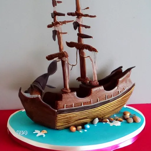 Prompt: a beautiful birthday cake in the shape of a pirate ship, amazing cake beautifully decorated