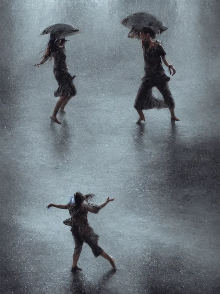 Image similar to dancing in the heavy rain, by disney concept artists, blunt borders, rule of thirds, beautiful light