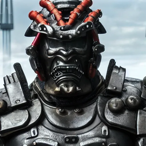 Image similar to very big very buff very strong very huge samurai wearing a futuristic cybernetic scifi oni mask, movie still