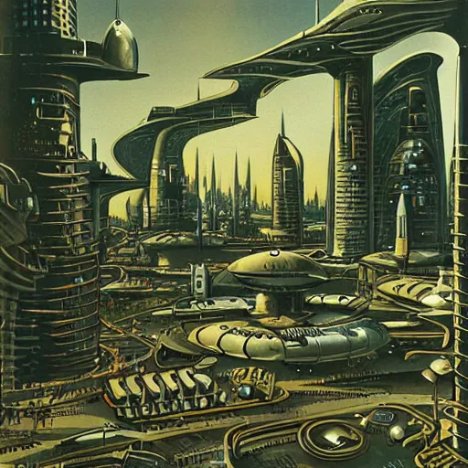 Prompt: a science fiction painting from 1 9 6 4 of a futuristic city on an alien world, complex detailed illustration