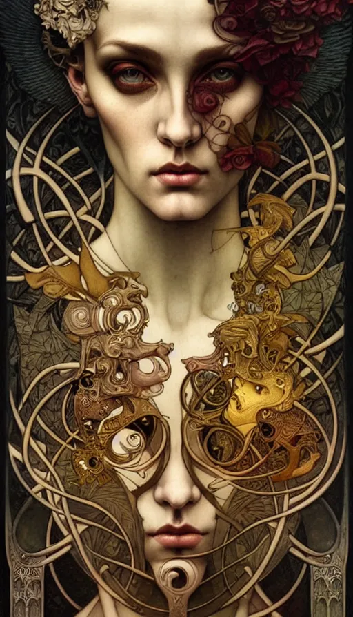 Image similar to M. C. Escher looking puzzled painted by tom bagshaw, mobius, mucha M. C. Escher, gold paint, ink, gnarly details