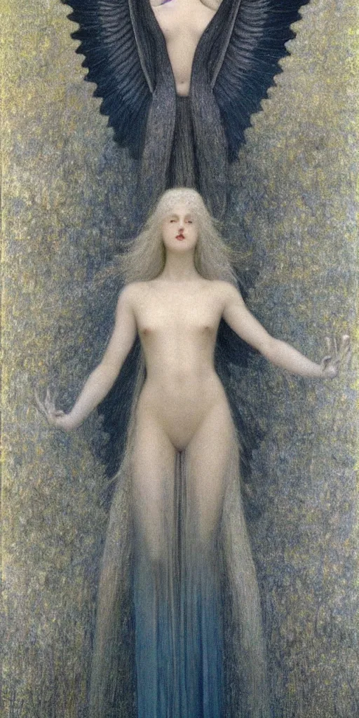 Image similar to Say who is this with silver hair so pale and Wan and thin? Majestic feminine gothic angel in the style of Jean Delville, Lucien Lévy-Dhurmer, Fernand Keller, Fernand Khnopff, oil on canvas, 1896, 4K resolution, aesthetic, mystery