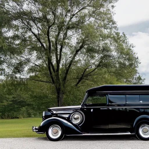 Image similar to photo of a black 1 9 3 6 chrysler airstream parked at a lake