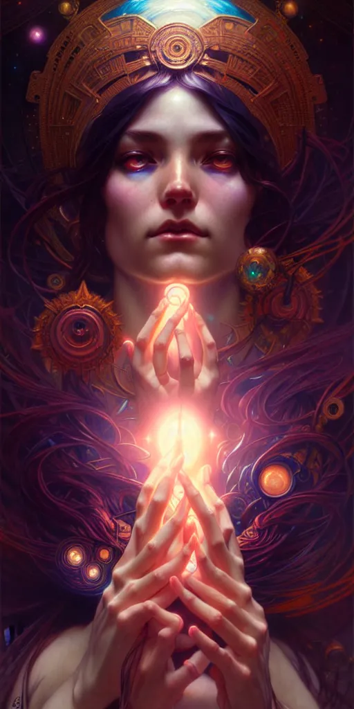 Image similar to ultra realistic, cosmic goddess, intricate details, eerie, awakening, artstation, atmospheric, highly detailed, photorealistic, hyperrealism, 8k, art by artgerm and greg rutkowski and alphonse mucha