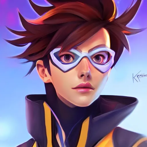 Prompt: portrait of Tracer from Overwatch, centered, face forwards, professional art, detailed digital art, 2d, stylized, beautiful, colorful, clean, warm lighting, Krita, Artstation, Pinterest