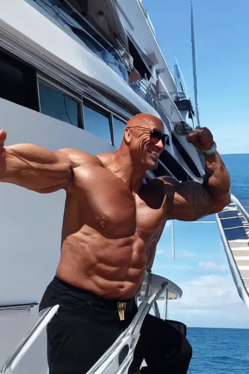 Image similar to dwayne johnson waving to his fans while leaving the united states using a luxurious yacht