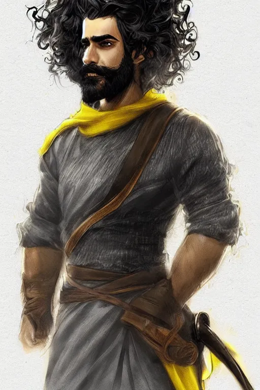 Image similar to Arab man light beard, curly hair, swordsman, modern, hero, leather , yellow and charcoal, character concept art, costume design, trending on artstation, Artgerm , WLOP