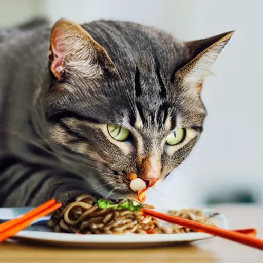 Prompt: Cat eating a bowl of ramen with chopsticks
