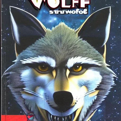 Image similar to 1 9 8 0 s video game art of anthropomorphic wolf o'donnell from starfox fursona furry wolf in a dark space mercenary uniform, looking heroic, magazine scan, 8 0 s game box art, dark grey wolf o'donnell