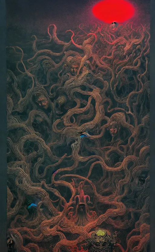 Image similar to zhongyuan festival, chinese ghost festival, king of hell, inside page of comic book, psychedelic lights and fog, in the style of zdzislaw beksinski, ayami kojima, takato yamamoto, barclay shaw, karol bak, glowing light and shadow, hyperrealist