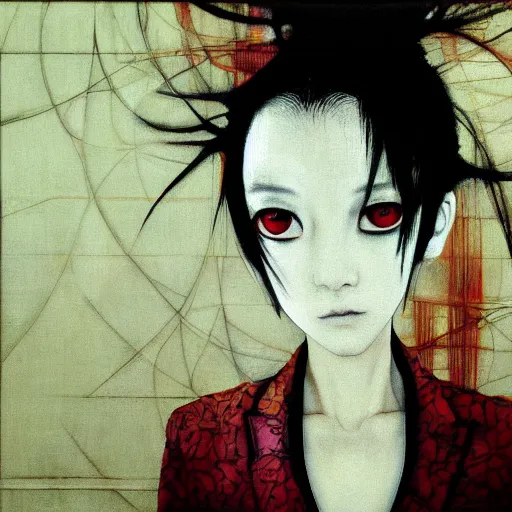 Image similar to yoshitaka amano blurred and dreamy realistic portrait of a woman with black eyes and white hair wearing dress suit with tie, junji ito abstract patterns in the background, satoshi kon anime, noisy film grain effect, highly detailed, renaissance oil painting, weird portrait angle, blurred lost edges, three quarter view