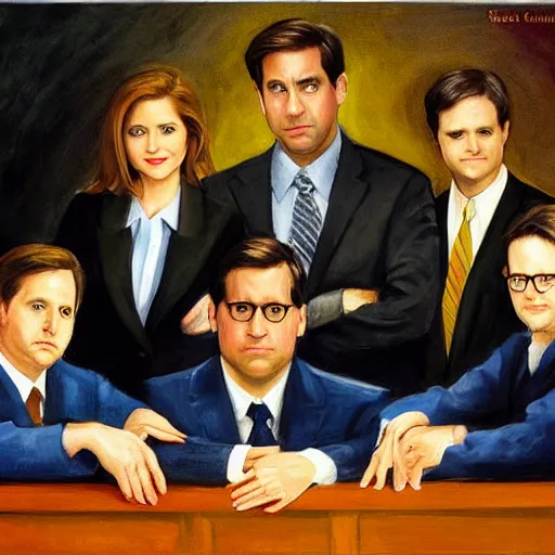 Prompt: the cast of the office, steve carell, jenna fischer, john krasinski, rainn wilson, portrait painting by edward hopper