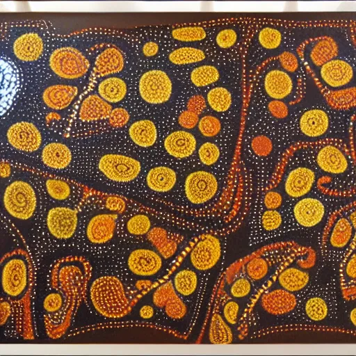 Image similar to earth painted in the style of australian aboriginal art, detailed painting, dot painting, dreamtime, indigenous, ochre papunya tula,