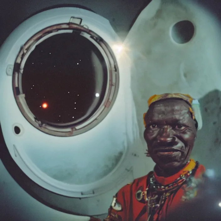 Prompt: analogue photo of an African tribal chief inside the orbiter of a space shuttle, looking at porthole window, saturn seen outside porthole window, close-up, colour, photo shot by martha cooper, 35mm,