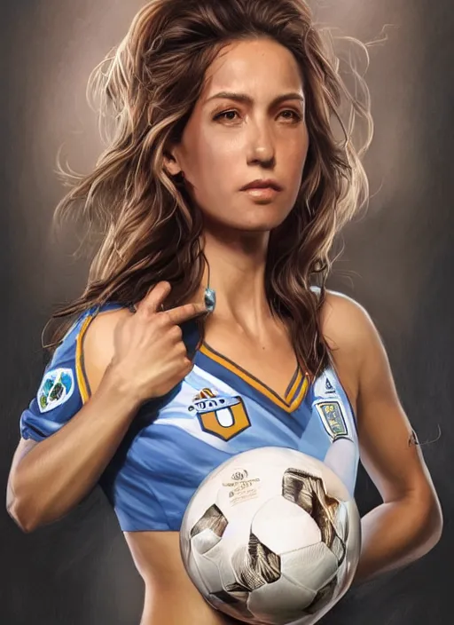 Image similar to a portrait of a woman that is a personification of argentinian football team wearing argentina and holding a soccer ball, latino american, intricate, highly detailed, digital painting, artstation, concept art, smooth, sharp focus, illustration, art by artgerm and Mark Arian, matte painting