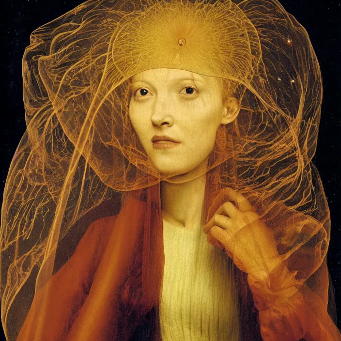 Image similar to a closeup portrait of a cloaked woman floating next to an jellyfish nebula, jellyfish nebula, by jan van eyck