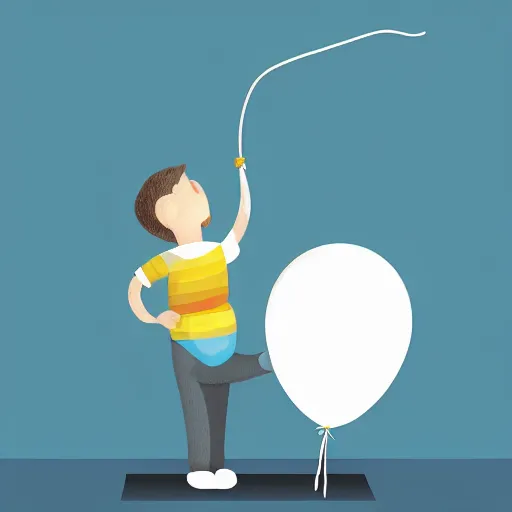 Image similar to book illustration of a balloon character holding a inflated human by a string, book illustration, monochromatic, white background, black and white image