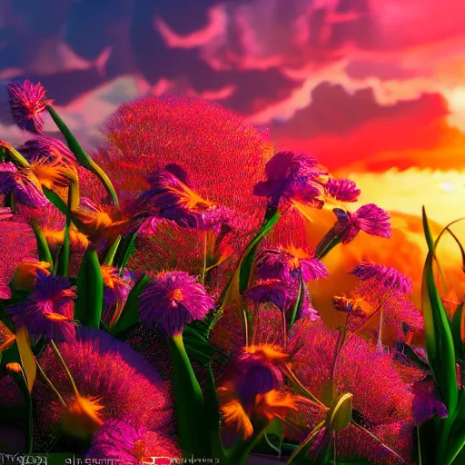 Image similar to a closeup photorealistic photograph of flowers, a beatiful sunset, fantastic four theme. bright scene. fine detail. this 4 k hd image is trending on artstation, featured on behance, well - rendered, extra crisp, features intricate detail, epic composition and the style of unreal engine.