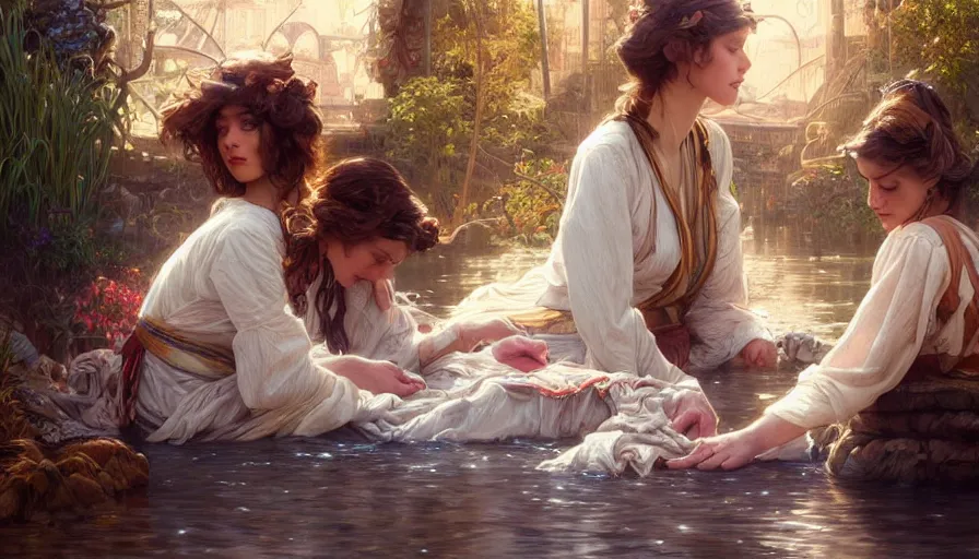 Prompt: perfectly-centered-Portrait of the most beautiful people on the planet, river, washing clothes, intricate, highly detailed, digital painting, artstation, concept art, smooth, sharp focus, illustration, Unreal Engine 5, 8K, art by artgerm and greg rutkowski and alphonse mucha