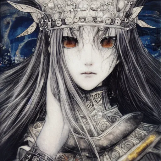 Image similar to yoshitaka amano blurred and dreamy artwork of a manga girl with black eyes, wavy white hair fluttering in the wind wearing elden ring armor and crown with engraving, highly detailed face, abstract black and white patterns on the background, noisy film grain effect, highly detailed, renaissance oil painting, weird portrait angle, blurred lost edges, three quarter view