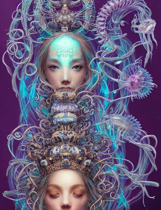 Image similar to goddess macro shouler portrait from bottom to top in crown made of ram skull. betta fish, jellyfish phoenix, bioluminiscent, plasma, ice, water, wind, creature, super intricate ornaments artwork by tooth wu and wlop and shofff and greg rutkowski
