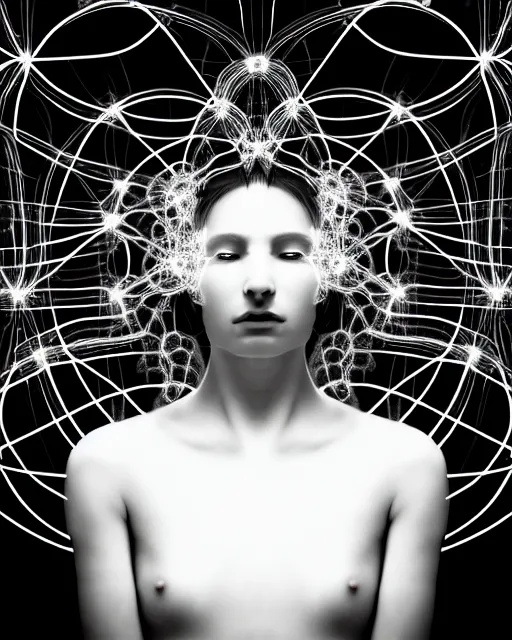 Image similar to black and white dreamy spiritual connected young female cyborg - plant goddess high quality photo, microchip, artificial intelligence, bio - mechanical bio - luminescence, black wired cables, neurons, nerve cells, cinematic, rim light, photo - realistic, elegant, high detail, 8 k, masterpiece, high fashion