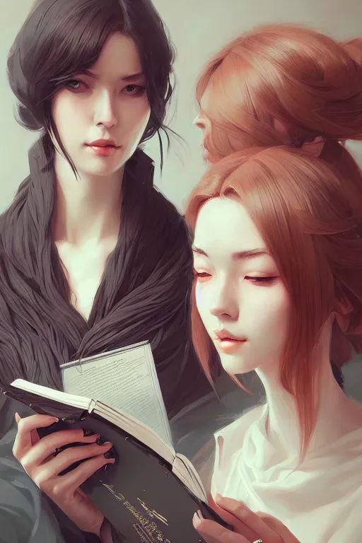 Image similar to portrait of two wise and very beautiful women reviewing some texts, art by guweiz, intricate, elegant, highly detailed, smooth, sharp focus, artstation