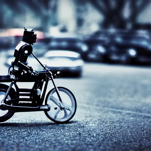 Image similar to Film still of 'Robot Future 2050'. Motorcycle chase scene. Sigma 85mm f/1.4