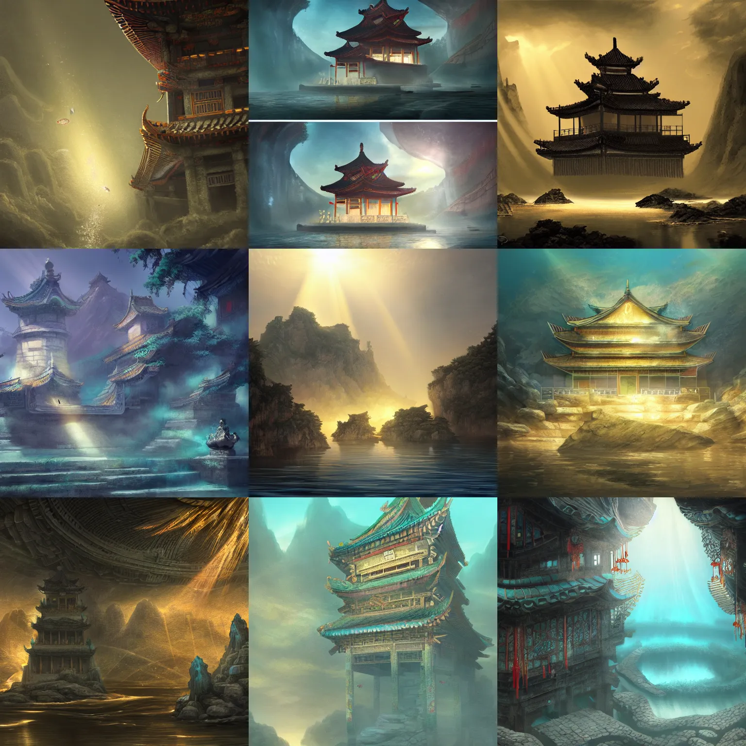 Prompt: an ancient underwater Chinese building, rays of light illuminating from the top, highly detailed, digital painting, artstation, concept art, smooth, sharp focus ilustration, Artstation HQ