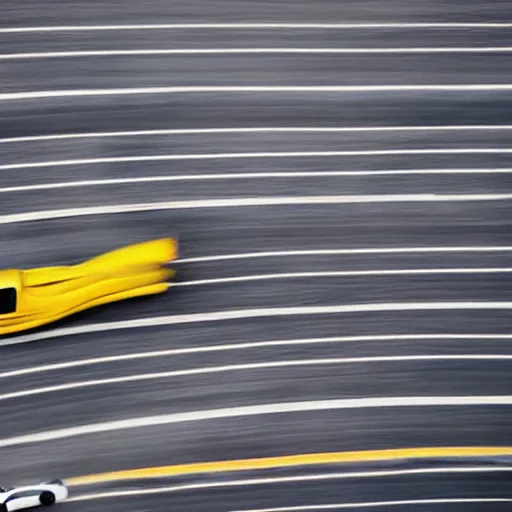 Image similar to banana-shaped car driving on busy highway, drone photograph