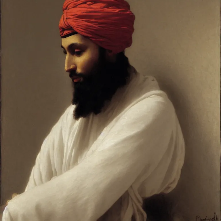 Prompt: Prophet Muhammad with his turban on by William Adolphe Bouguereau