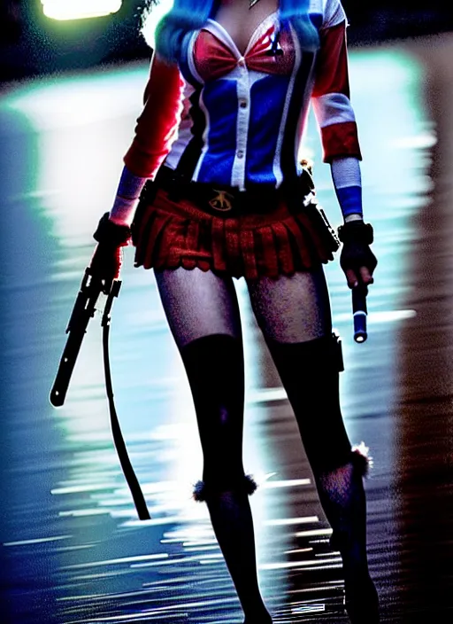 Image similar to 2 8 mm photo of beautiful suicide squad happy margot robbie with long white hair that looks like harley quinn standing on the wet street of dystopian gotham city at night, angry frown, seductive camisole, pinup, glamour fashion pose, watercolor, frank miller, moebius, jim lee, cinematic, ridley scott, lens flare, annie leibowitz