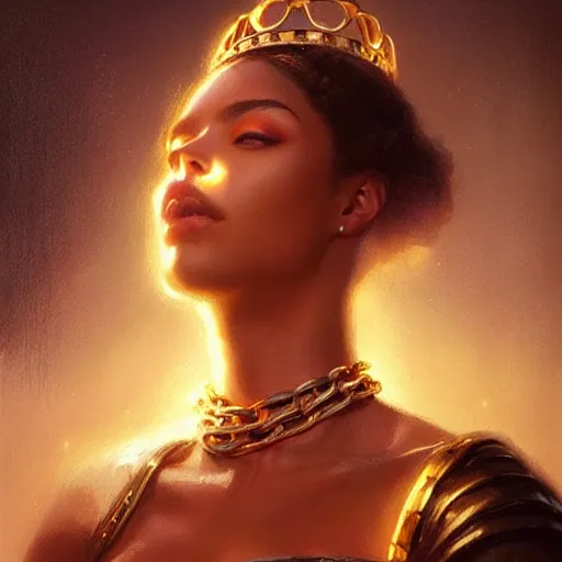 Image similar to a queen is chained to her throne, beautiful highly detailed face, complementary lighting, backlit, black eyeshadow, grinning, adventure, dramatic lighting, landscape background, beautiful painting by artgerm and greg rutkowski and raymond swanland