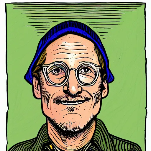 Image similar to a portrait illustration of Woody Harrelson drawn by ROBERT CRUMB