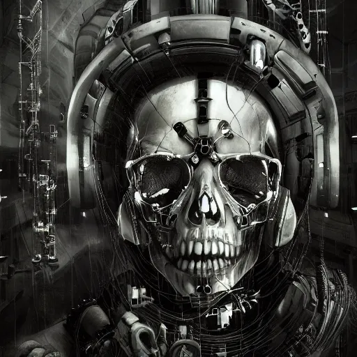 Image similar to in a dark room, a cybergoth hacker, skulls, wires cybernetic implants, machine noir grimcore, in the style of emil melmoth zdzislaw belsinki craig mullins yoji shinkawa realistic render ominous detailed photo atmospheric