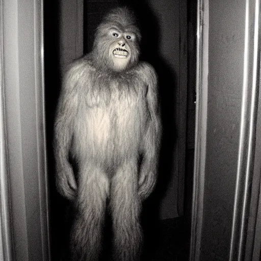 Prompt: grainy photo of bigfoot as a creepy monster in a closet, harsh flash