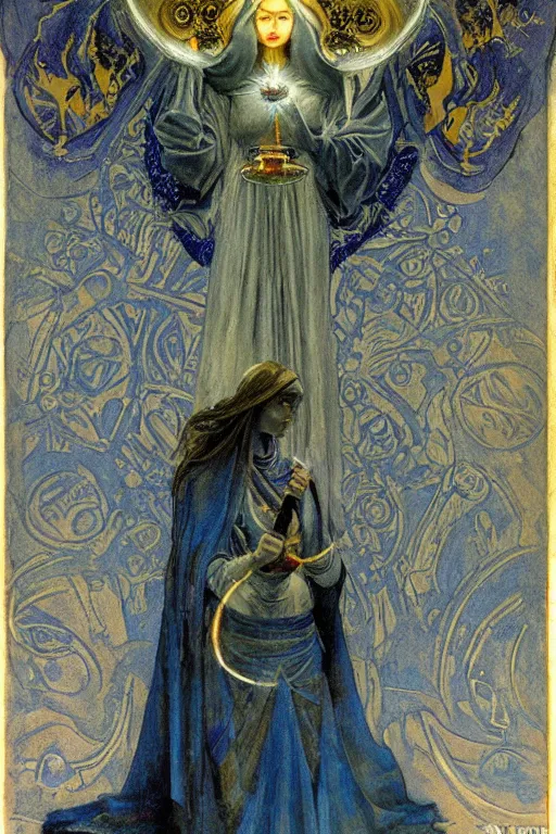 Image similar to queen of the dark angels with her lantern by Annie Swynnerton and Nicholas Roerich and jean delville, strong dramatic cinematic lighting , ornate headdress , flowing robes, lost civilizations, smooth, sharp focus, extremely detailed