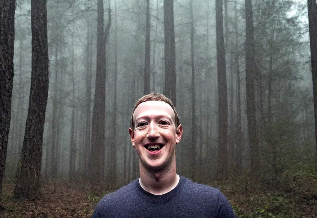 Image similar to low quality iphone photo of mark zuckerberg standing ominously deep in the foggy woods with a demonic smile in his face, low visibility creepy, grainy, trail cam footage