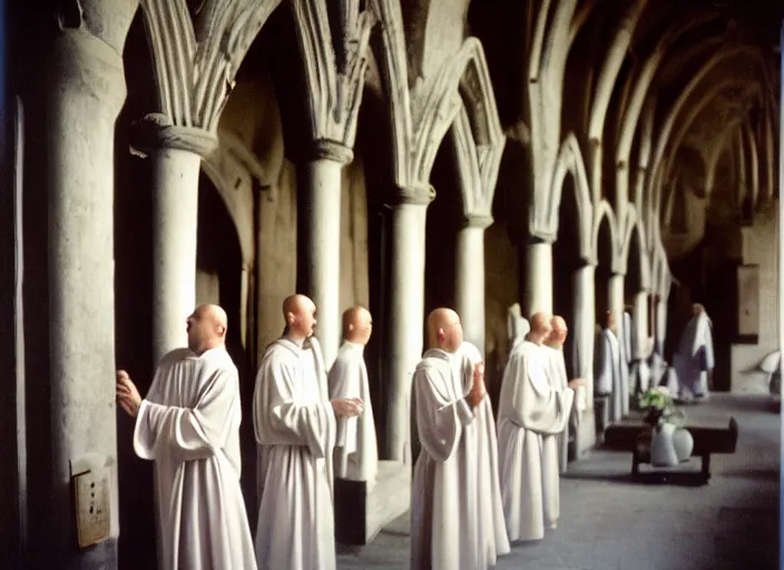 Prompt: humanoid alien robed benedictine monks sing in a stone gothic monastery kodak portra ektachrome