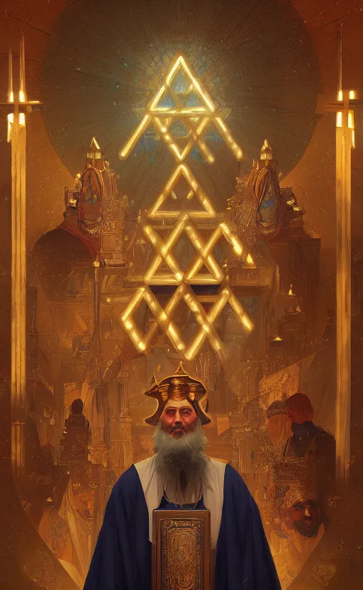 Image similar to the personification of judaism, jerusalem, star of david, menorah, highly detailed, digital painting, artstation, concept art, sharp focus, illustration, art by greg rutkowski and alphonse mucha