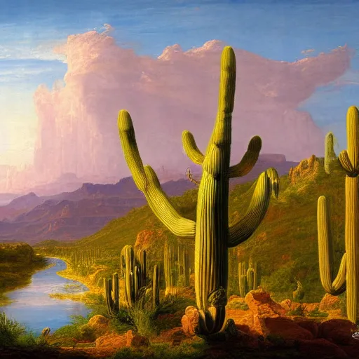 Image similar to A grand scale painting of a desert landscape with saguaro cacti and the Rio grande river, In the style of Thomas Cole, Ultra detailed, 4k resolution,