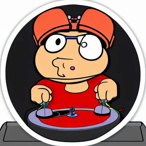 Image similar to svg sticker of a Family-Guy Peter-Griffin at a rave, spinning records, giant headphones rocking out, wearing headphones, huge speakers, dancing, rave, DJ, spinning records, digital art, amazing composition, rule-of-thirds, award-winning, trending on artstation, featured on deviantart