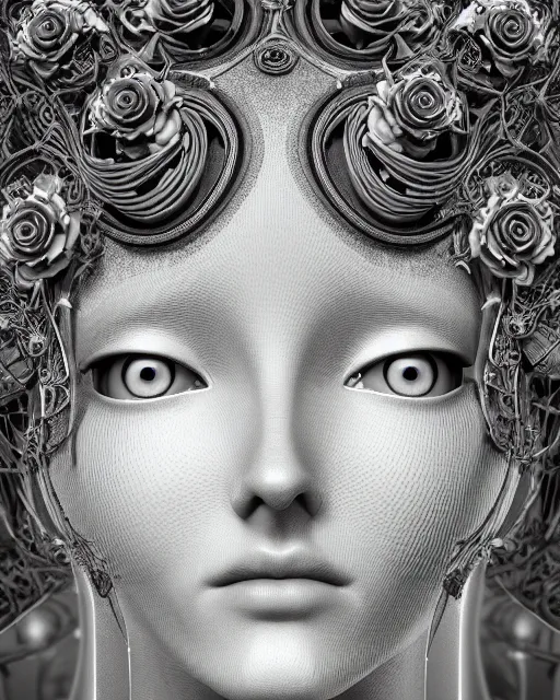 Image similar to mythical dreamy black and white organic bio-mechanical spinal ribbed profile face portrait detail of translucent steampunk beautiful female angelic-human-queen-vegetal-cyborg, highly detailed, intricate trnaslucent ivy jelly ornate, poetic, translucent roses ornate, 3D render, digital art, octane render, 8K artistic photography, photo-realistic, by Dora Maar