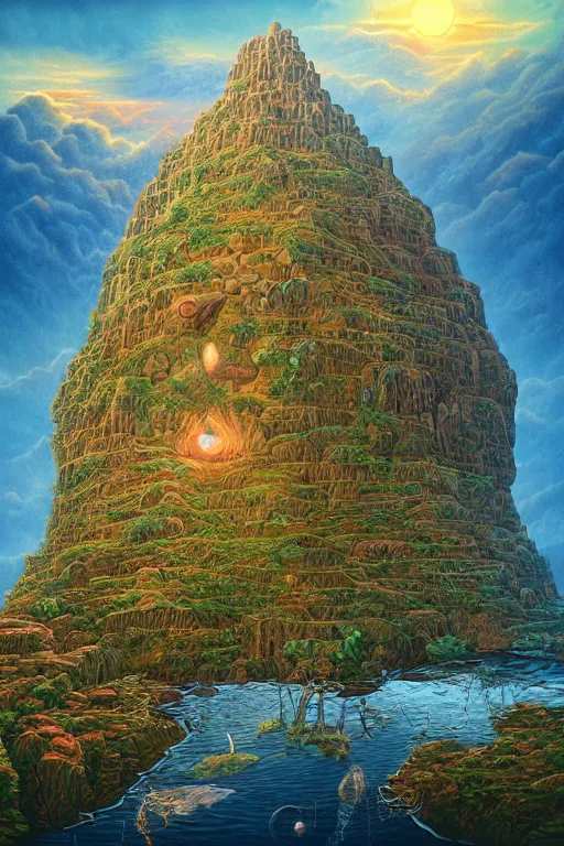 Prompt: sunrise mountain water digital art by jacek yerka trending on artstation