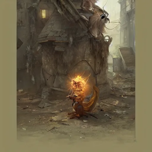 Image similar to Anthropomorphic Squirrel wearing a Cloak sitting otop a roof in a decimated city, concept art,like a action book cover,by rossdraws and greg rutkowski,Leonardo DaVinci