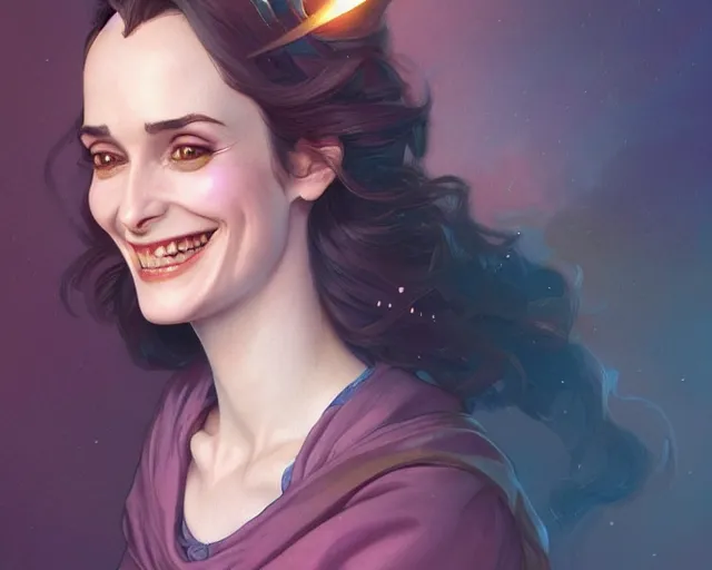 Image similar to winona ryder laughing and smiling, photography of kurzgesagt, deep focus, d & d, fantasy, intricate, elegant, highly detailed, digital painting, artstation, concept art, matte, sharp focus, illustration, hearthstone, art by artgerm and greg rutkowski and alphonse mucha