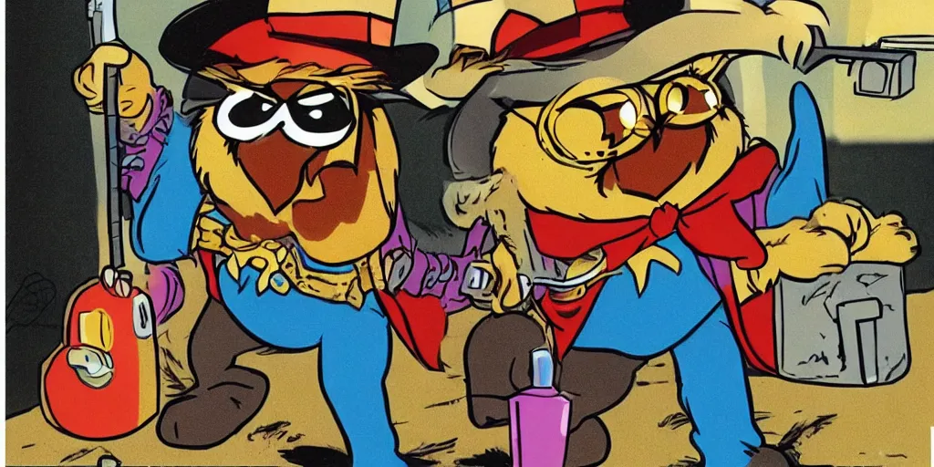 Image similar to saturday morning cartoon shot of an owl dressed as the lone ranger, style of garfield and friends, 199a0s